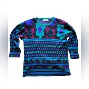 Vintage 80's Vibrant Floral Sweater With Small Shoulder Pads Black Multi Retro